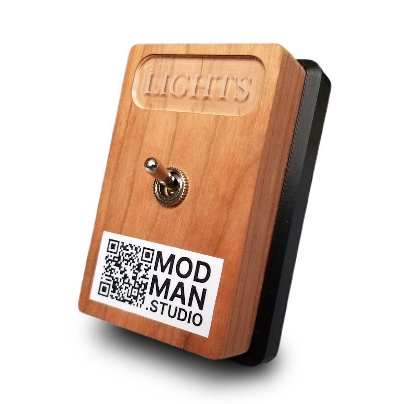 A wooden box with a switch in it and an acrylic display with the word Lights etched into it.